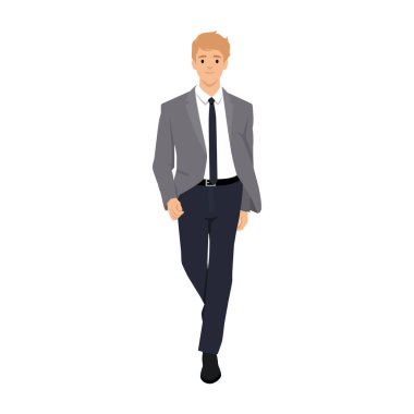 İş adamı karakteri takım elbise giyiyor. Düz vektör çizimi beyaz arkaplanda izole edildi