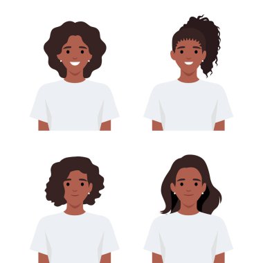 Farklı saç stilleri olan genç bir kadın avatar. Düz vektör çizimi beyaz arkaplanda izole edildi