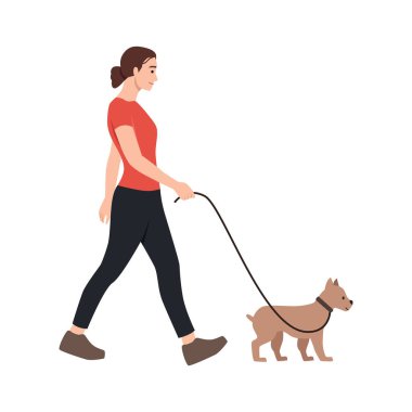 Köpeği olan bir kadın. Düz vektör çizimi beyaz arkaplanda izole edildi