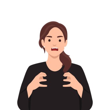 Vampir ya da Dracula gibi giyinmiş bir kadın. Düz vektör çizimi beyaz arkaplanda izole edildi