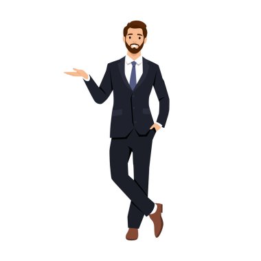 Mutlu iş adamı bir şeye işaret ediyor. Düz vektör çizimi beyaz arkaplanda izole edildi