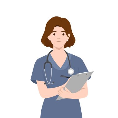 Elinde bir klasör tutan genç bir kadın doktor. Düz vektör çizimi beyaz arkaplanda izole edildi