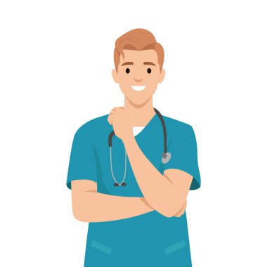 Önlüklü, kolları bağlı bir tıp doktoru. Düz vektör çizimi beyaz arkaplanda izole edildi