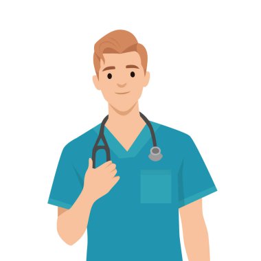 Önlük giyen genç bir hemşire. Düz vektör çizimi beyaz arkaplanda izole edildi