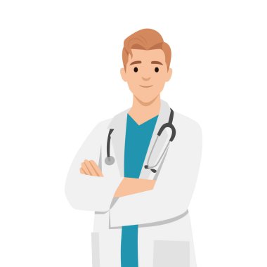 Kolları göğsünde katlanmış bir adam doktor ayakta duruyor. Düz vektör çizimi beyaz arkaplanda izole edildi