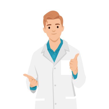 Beyaz üniformalı, gülümseyen doktor bir şeyi açıklıyor. Düz vektör çizimi beyaz arkaplanda izole edildi