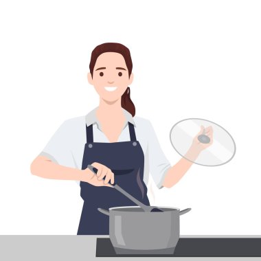 Önlüklü genç aşçı kadın lezzetli güveç pişirmekten mutlu. Düz vektör çizimi beyaz arkaplanda izole edildi