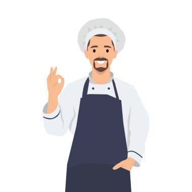 Genç aşçı iyi bir işaret veriyor. Düz vektör çizimi beyaz arkaplanda izole edildi