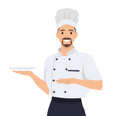 Genç aşçı boş yuvarlak bir tabak ve yiyecek bir yer tutuyor. Düz vektör çizimi beyaz arkaplanda izole edildi