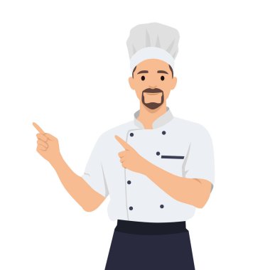 Üniformalı ve şapkalı genç aşçı ayakta duruyor ve müşterileri restorana davet ediyor. Düz vektör çizimi beyaz arkaplanda izole edildi