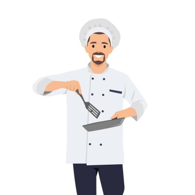 Aşçı çocuk tavaya yemek fırlatıyor. Profesyonel aşçılık uzmanının becerilerini gösteriyor. Düz vektör çizimi beyaz arkaplanda izole edildi