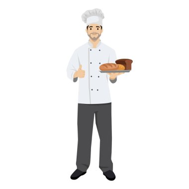 Young man baker holding a tray with buns, different bread, cakes. Flat vector illustration isolated on white background clipart