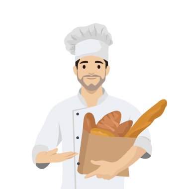 Ekmek ve alışveriş torbasıyla genç mutlu fırıncı. Düz vektör çizimi beyaz arkaplanda izole edildi