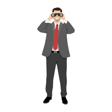 Genç işadamı dürbünle bakıyor. Düz vektör çizimi beyaz arkaplanda izole edildi