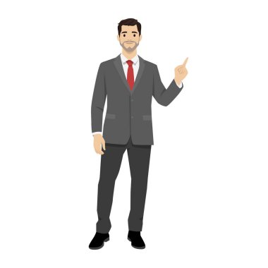 Genç sakallı iş adamı boş alanı işaret ediyor. Düz vektör çizimi beyaz arkaplanda izole edildi