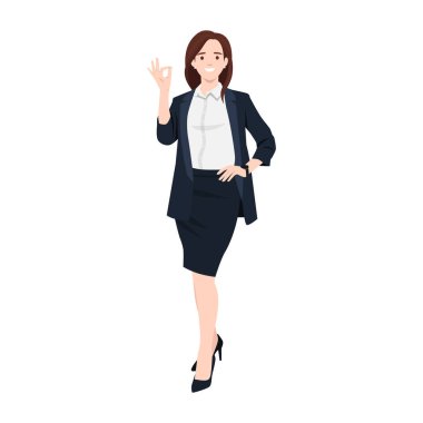 Genç bir iş kadını iyi bir işaret veriyor. Düz vektör çizimi beyaz arkaplanda izole edildi