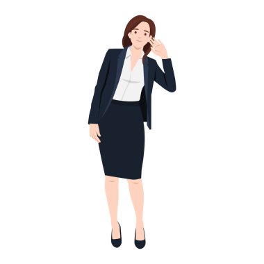 Genç iş kadını el ele tutuşup kulak misafiri oluyor. Düz vektör çizimi beyaz arkaplanda izole edildi