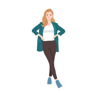 Genç ve neşeli bir kadın ellerini kalçalarına koyuyor. Düz vektör çizimi beyaz arkaplanda izole edildi