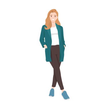 Elleri cebinde genç bir kadın iş kıyafetleri giyiyor. Düz vektör çizimi beyaz arkaplanda izole edildi