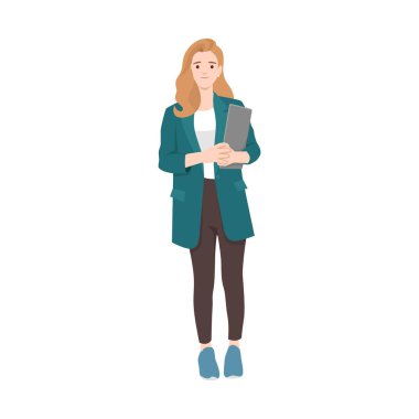 Elinde pano tutan bir iş kadını. Düz vektör çizimi beyaz arkaplanda izole edildi