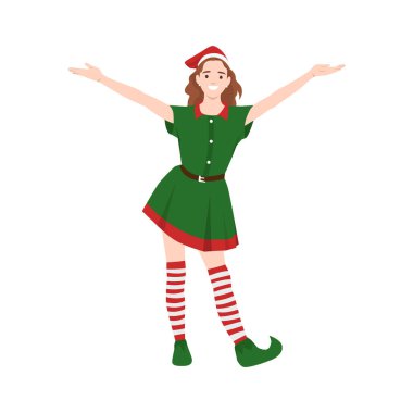 Elf kostümü giymiş genç ve güzel bir kadın, Bayan Santa Helper mutlu bir şekilde ellerini kaldırıyor. Düz vektör çizimi beyaz arkaplanda izole edildi