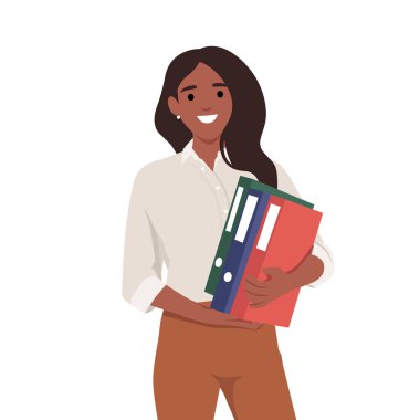 Evrakları tutan sıradan bir iş kadını. Düz vektör çizimi beyaz arkaplanda izole edildi