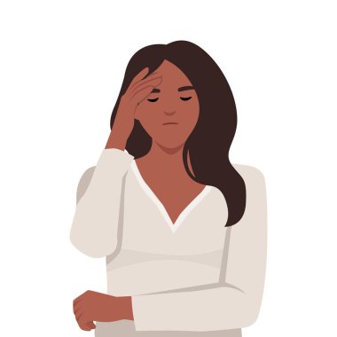 Genç kadın, elleriyle başını sıkarak baş ağrısından muzdarip olduğunu vurguladı. Düz vektör çizimi beyaz arkaplanda izole edildi