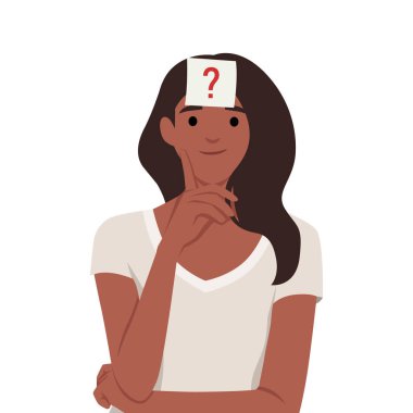 Alnında soru işareti olan şüpheli, dalgın bir genç kadın. Düz vektör çizimi beyaz arkaplanda izole edildi