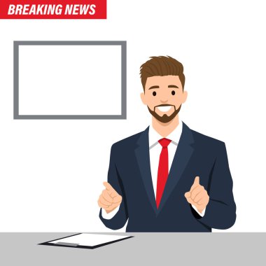 Genç adam haber spikeri ya da haber spikeri karakteri. Düz vektör çizimi beyaz arkaplanda izole edildi