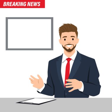 Flaş haber, Man haber spikeri haberleri sunuyor. Düz vektör çizimi beyaz arkaplanda izole edildi