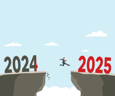 2024 ve 2025 yılları arasında atlayan genç adam. Düz vektör çizimi beyaz arkaplanda izole edildi