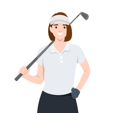 Kadın golf oynuyor ve aktif bir hayat sürüyor. Düz vektör çizimi beyaz arkaplanda izole edildi