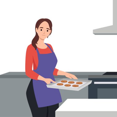 Elinde yemek tepsisiyle ev yapımı kurabiyelerle önlük giyen genç bir kadın. Düz vektör çizimi beyaz arkaplanda izole edildi