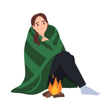 Şöminenin yanında battaniyeli tatlı kız oturuyor. Düz vektör çizimi beyaz arkaplanda izole edildi