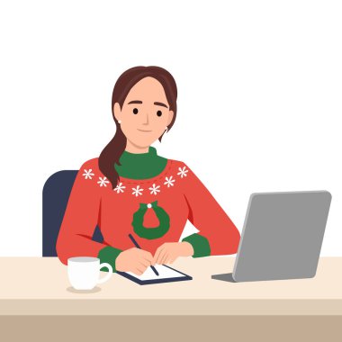 Kadın Noel Baba 'ya Noel mektubu yazıyor. Kış tatili dilek listesi. Düz vektör çizimi beyaz arkaplanda izole edildi