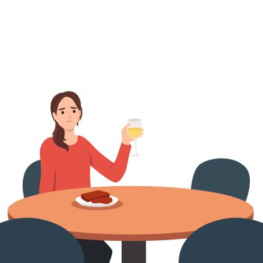 Mutsuz kadın yemek masasında tek başına oturuyor. Düz vektör çizimi beyaz arkaplanda izole edildi