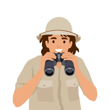 Dürbünlü adam, vahşi doğada yaşayan hayvanları izliyor. Düz vektör çizimi beyaz arkaplanda izole edildi