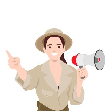 Genç bir safari ya da bekçi kadın elinde megafonla uyarıdan bahsediyor. Düz vektör çizimi beyaz arkaplanda izole edildi