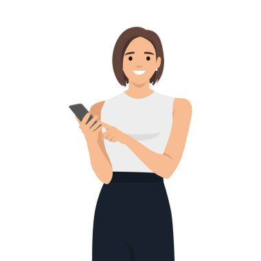 Genç bir kadın cep telefonuna bakıyor. Düz vektör çizimi beyaz arkaplanda izole edildi