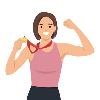 Altın madalyalı kazanan kadın. Ödüllü ve ödüllü genç kız. Düz vektör çizimi beyaz arkaplanda izole edildi