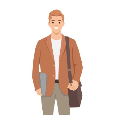 Sırt çantalı bir öğrenci. Eğitim, eğitim, dizüstü bilgisayar. Düz vektör çizimi beyaz arkaplanda izole edildi