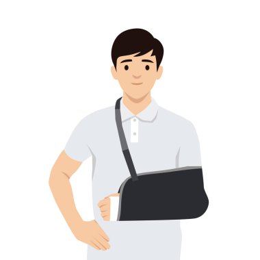 Eli kırık genç bir adam. Düz vektör çizimi beyaz arkaplanda izole edildi