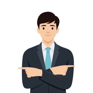 İki tarafı da parmaklarıyla gösteren genç bir iş adamı. Düz vektör çizimi beyaz arkaplanda izole edildi