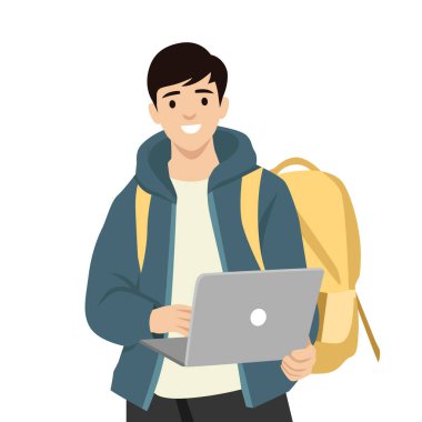 Sırt çantalı mutlu modern öğrenci. Düz vektör çizimi beyaz arkaplanda izole edildi