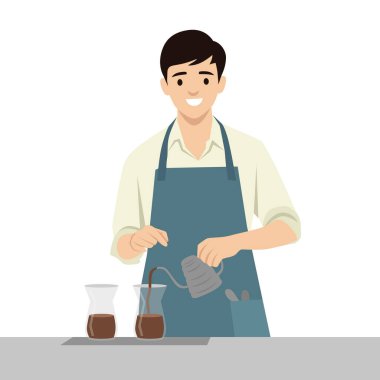 Kahve yapan genç barista adam. Düz vektör çizimi beyaz arkaplanda izole edildi