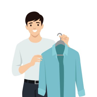 Kıyafet seçen genç adam. Düz vektör çizimi beyaz arkaplanda izole edildi