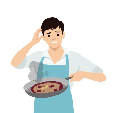 Genç adam yemek yapmayı beceremedi. Düz vektör çizimi beyaz arkaplanda izole edildi