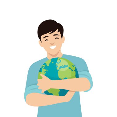 Mutlu adam dünyayı kucaklıyor. Düz vektör çizimi beyaz arkaplanda izole edildi