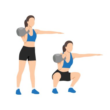 Tekli Kettlebell egzersizi yapan bir kadın. Düz vektör çizimi beyaz arkaplanda izole edildi