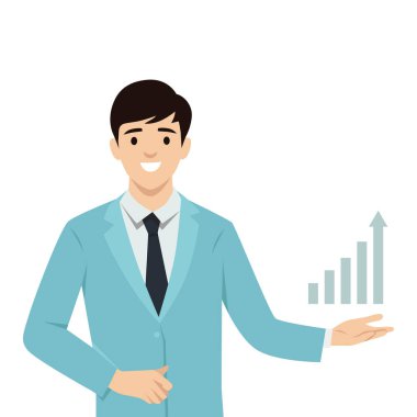 Haritaya ve sunuma işaret eden bir iş adamı. Düz vektör çizimi beyaz arkaplanda izole edildi